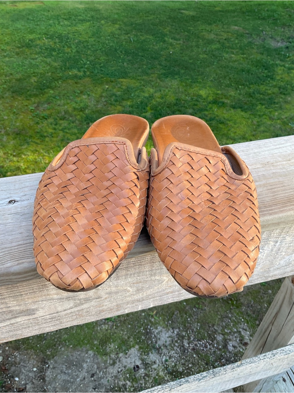 OluKai Woven Leather Mules in Tan Brown
